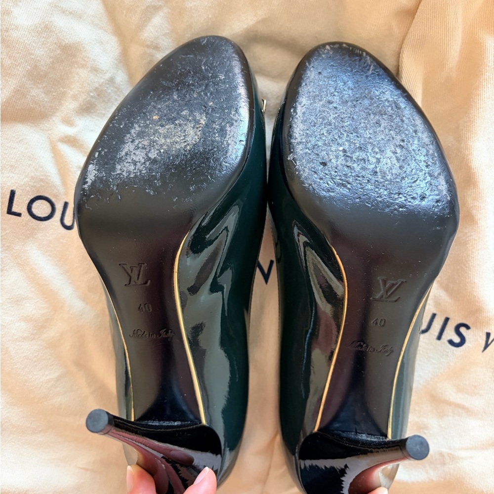 Louis Vuitton Dark Green Heels with Gold Accents - Picture 3 of 5